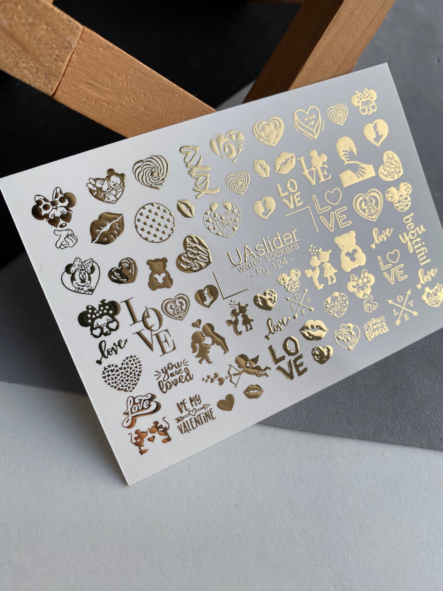 Nail Water Decal Fg-124 | Water Slide Nail Decals with Gold Hearts & Love Quotes | Romantic Valentine