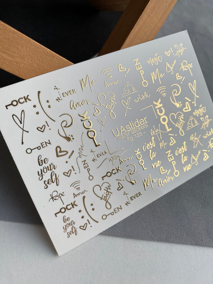 ネイルウォーターデカール Fg-125 | ゴールドの引用符と鍵付きウォータースライドネイルデカール | ロマンチックモダンスタイル