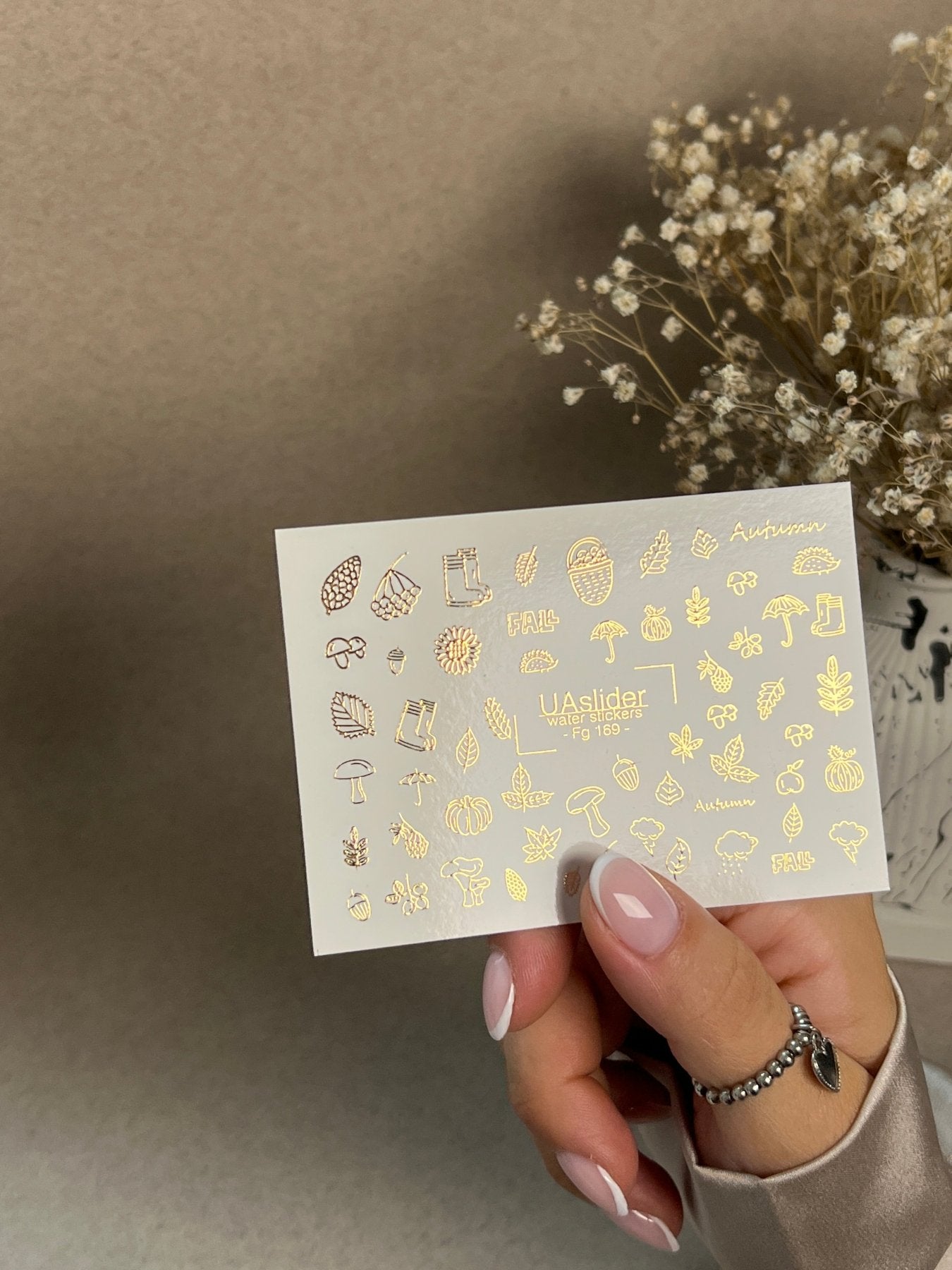 Nail Water Decal Fg-169 | Gold Foil Water Slide Nail Decals | Autumn Leaves & Cozy Fall Elements - UASLIDER