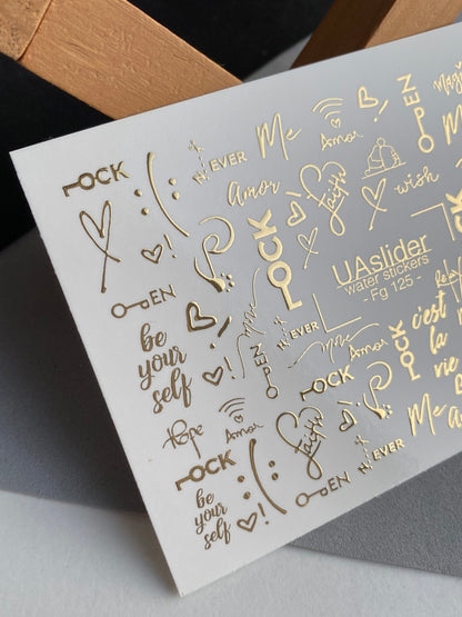 ネイルウォーターデカール Fg-125 | ゴールドの引用符と鍵付きウォータースライドネイルデカール | ロマンチックモダンスタイル