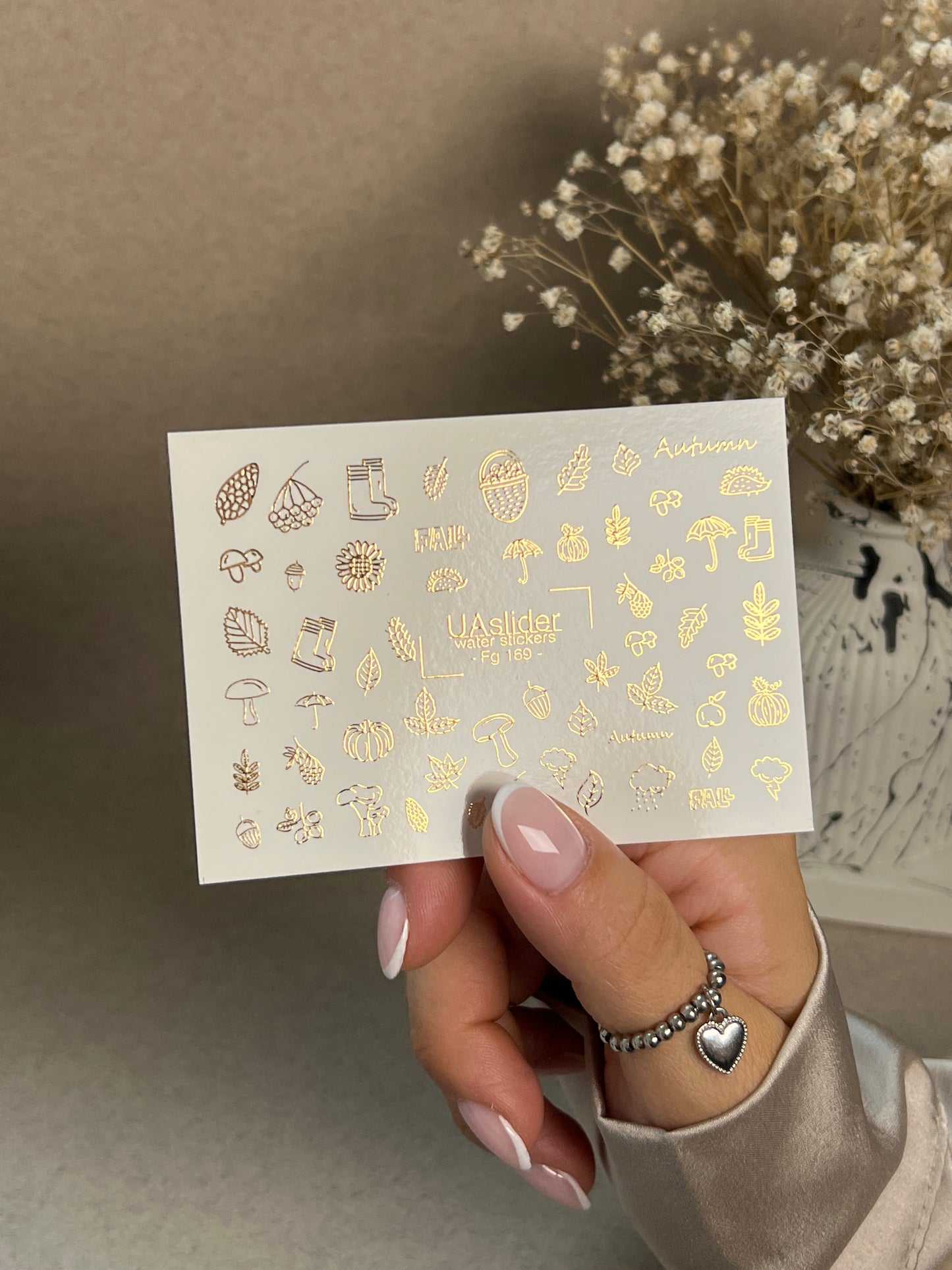 Nagel Wasserabziehbild Fg-169 | Goldfolie Wasser-Schiebefolie Nagelabziehbilder | Herbstblätter & Gemütliche Herbst-Elemente
