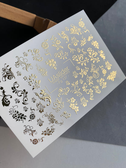 Nail Water Decal Fg-137 | Water Slide Nail Decals with Gold Floral Ornaments | Elegant Nail Art