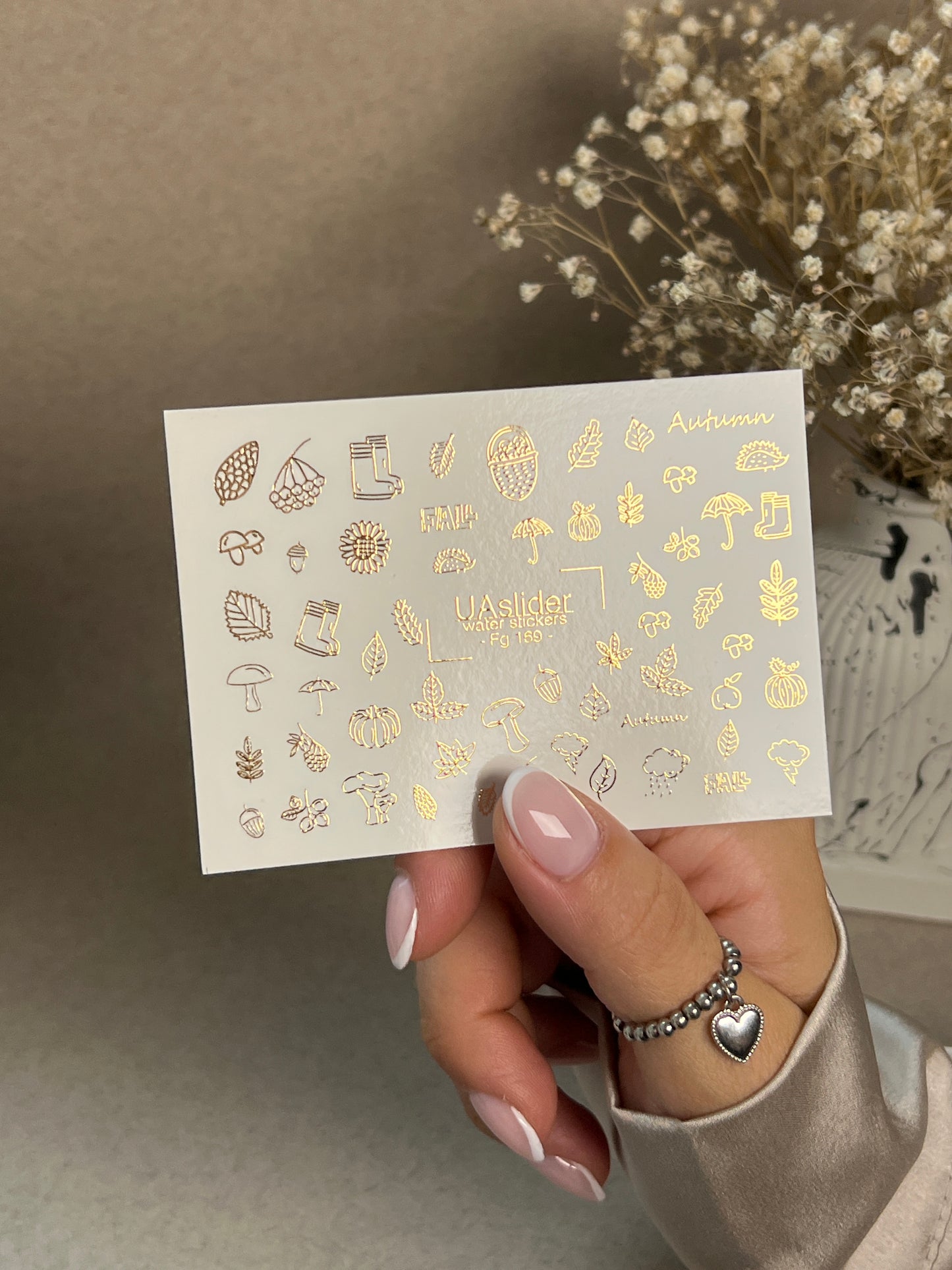Nagel Wasserabziehbild Fg-169 | Goldfolie Wasser-Schiebefolie Nagelabziehbilder | Herbstblätter & Gemütliche Herbst-Elemente