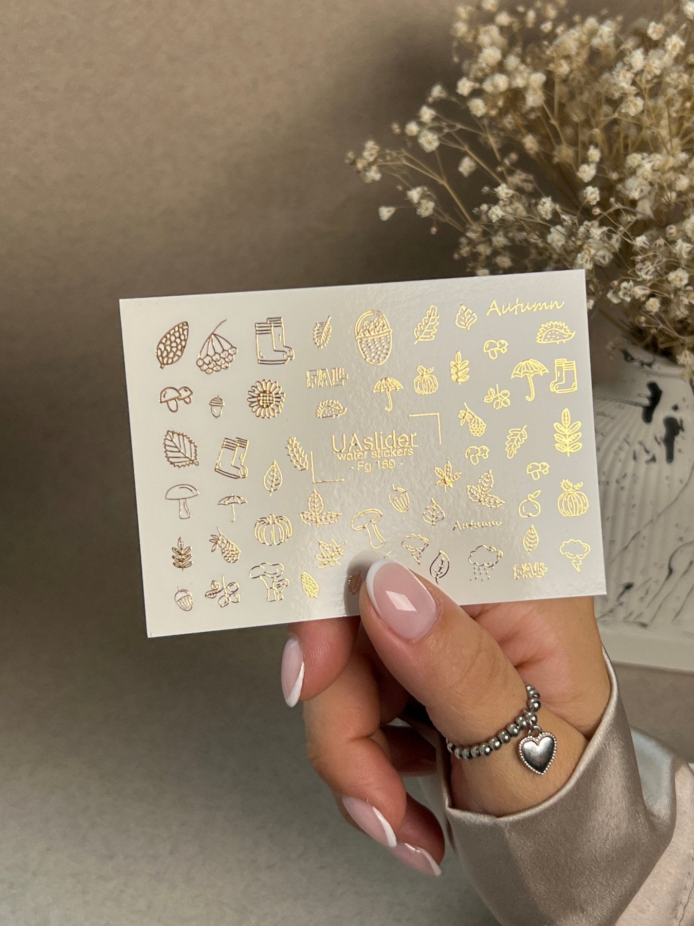 Nail Water Decal Fg-169 | Gold Foil Water Slide Nail Decals | Autumn Leaves & Cozy Fall Elements - UASLIDER