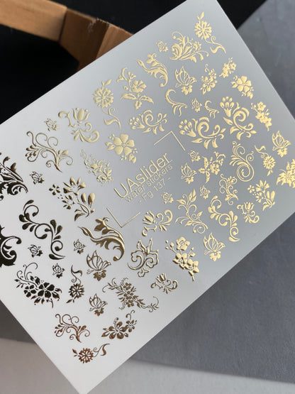 Nail Water Decal Fg-137 | Water Slide Nail Decals with Gold Floral Ornaments | Elegant Nail Art