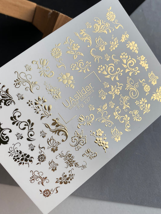 Nail Water Decal Fg-137 | Water Slide Nail Decals with Gold Floral Ornaments | Elegant Nail Art