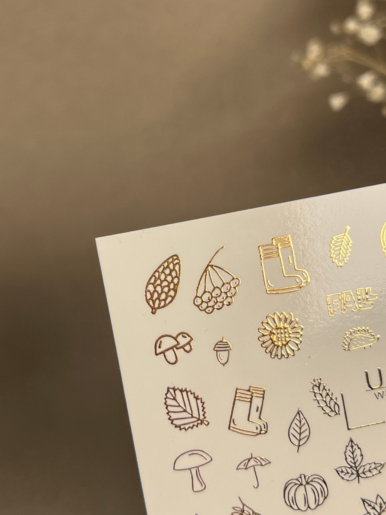 Nail Water Decal Fg-169 | Gold Foil Water Slide Nail Decals | Autumn Leaves & Cozy Fall Elements - UASLIDER