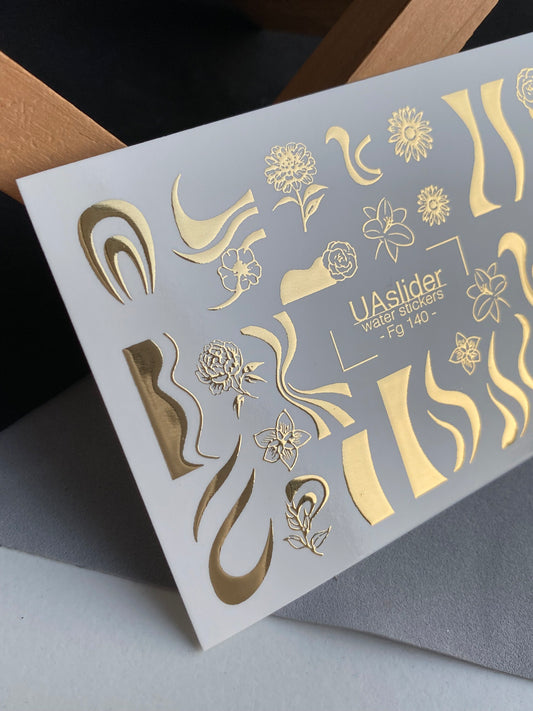 Nail Water Decal Fg-140 | Water Slide Nail Decals with Gold Waves and Flowers | Elegant Nail Tattoos