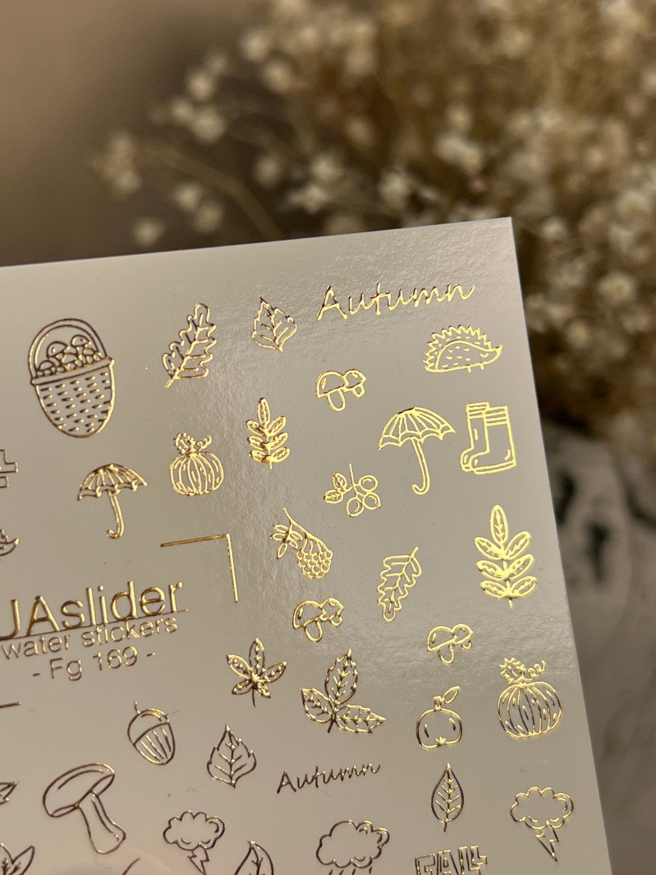 Nail Water Decal Fg-169 | Gold Foil Water Slide Nail Decals | Autumn Leaves & Cozy Fall Elements - UASLIDER