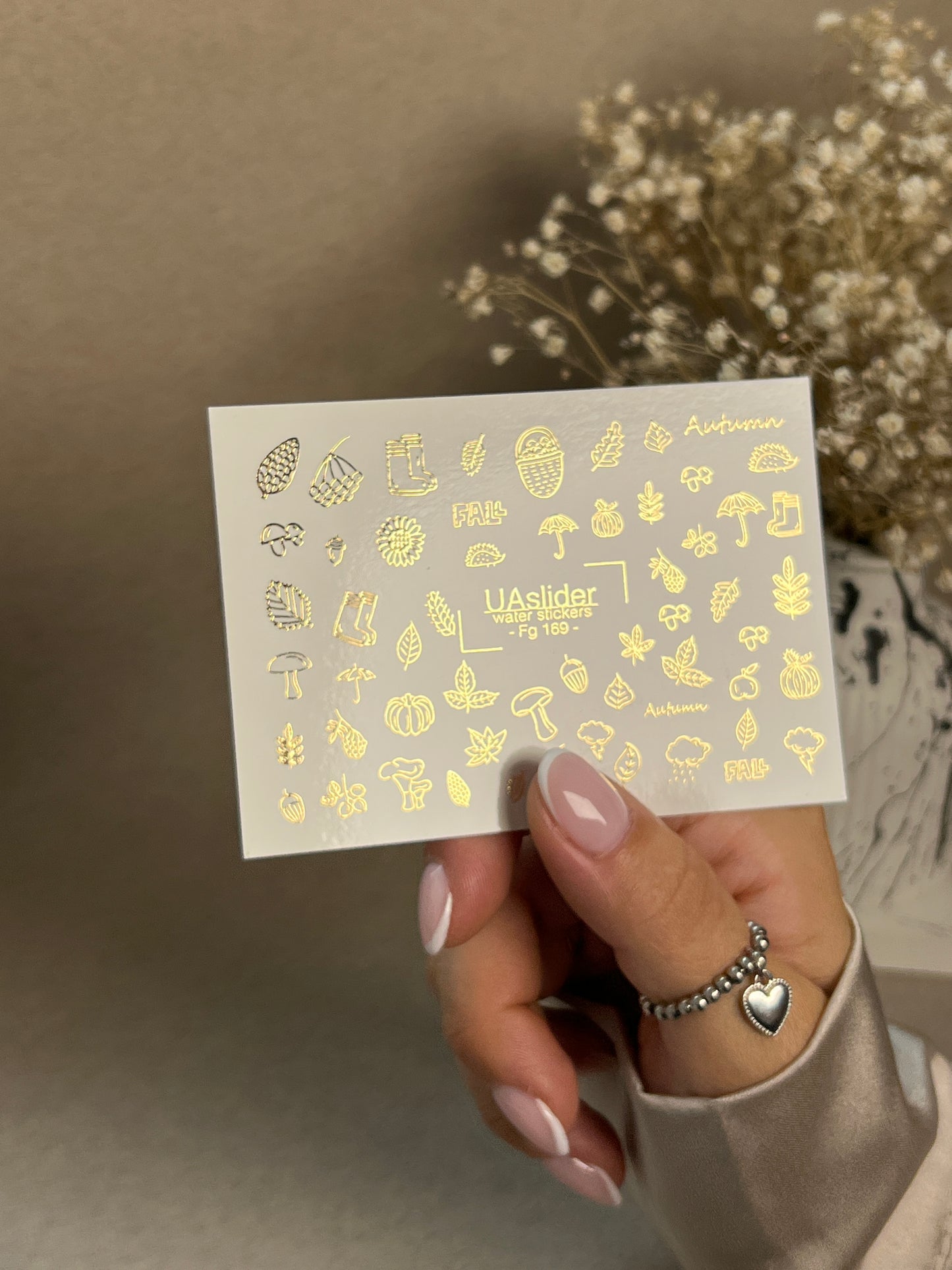 Nagel Wasserabziehbild Fg-169 | Goldfolie Wasser-Schiebefolie Nagelabziehbilder | Herbstblätter & Gemütliche Herbst-Elemente
