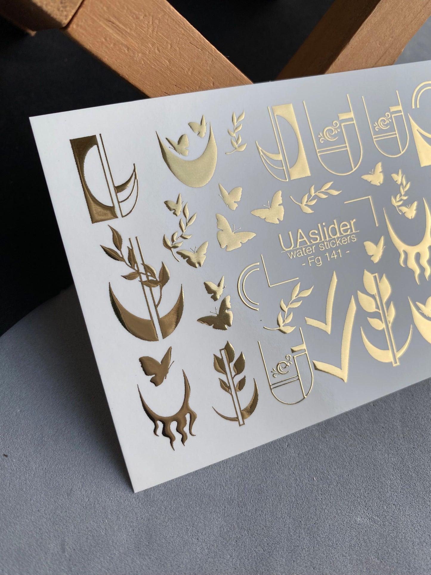 Nail Water Decal Fg-141 | Water Slide Nail Decals with Gold Geometric Moons and Butterflies | Modern Nail Tattoos