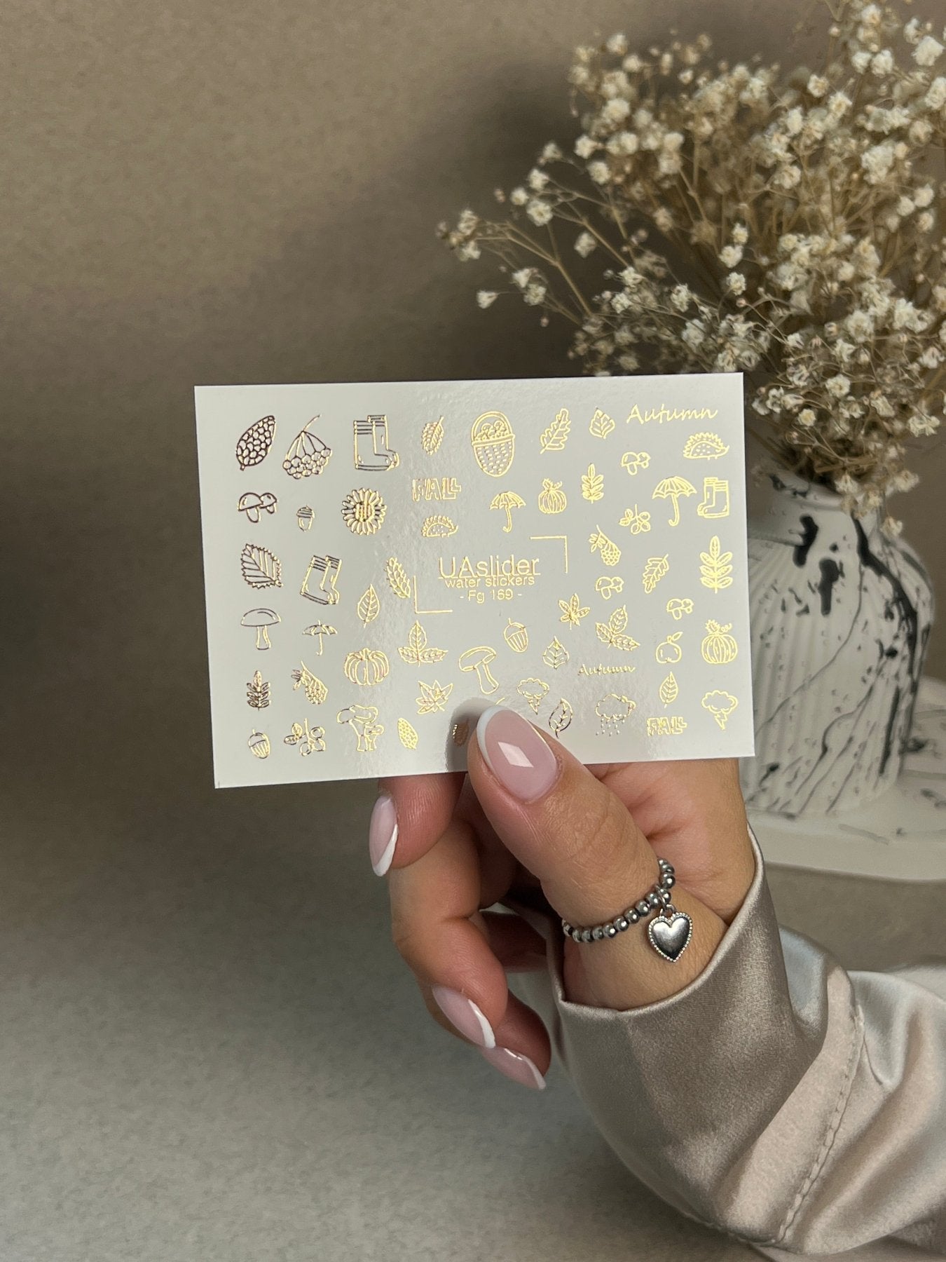 Nail Water Decal Fg-169 | Gold Foil Water Slide Nail Decals | Autumn Leaves & Cozy Fall Elements - UASLIDER