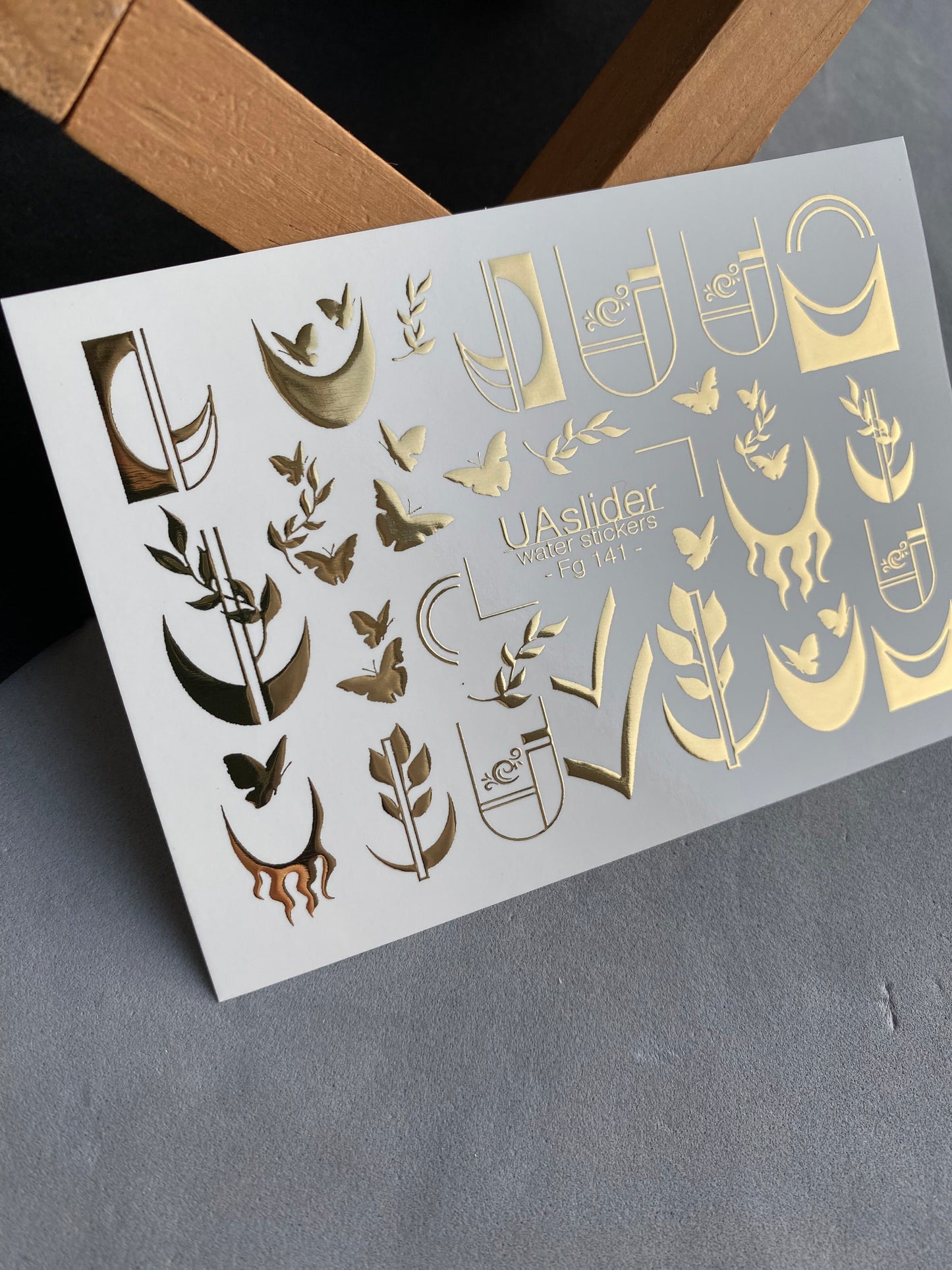 Nail Water Decal Fg-141 | Water Slide Nail Decals with Gold Geometric Moons and Butterflies | Modern Nail Tattoos