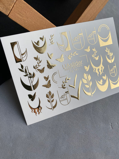 Nail Water Decal Fg-141 | Water Slide Nail Decals with Gold Geometric Moons and Butterflies | Modern Nail Tattoos