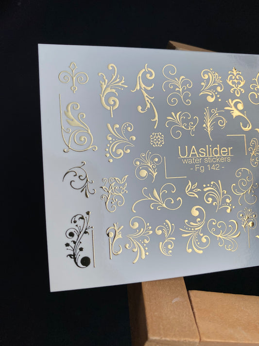 Nail Water Decal Fg-142 | Water Slide Nail Decals with Gold Swirls and Ornaments | Elegant Nail Art