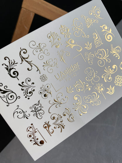 Nail Water Decal Fg-142 | Water Slide Nail Decals with Gold Swirls and Ornaments | Elegant Nail Art
