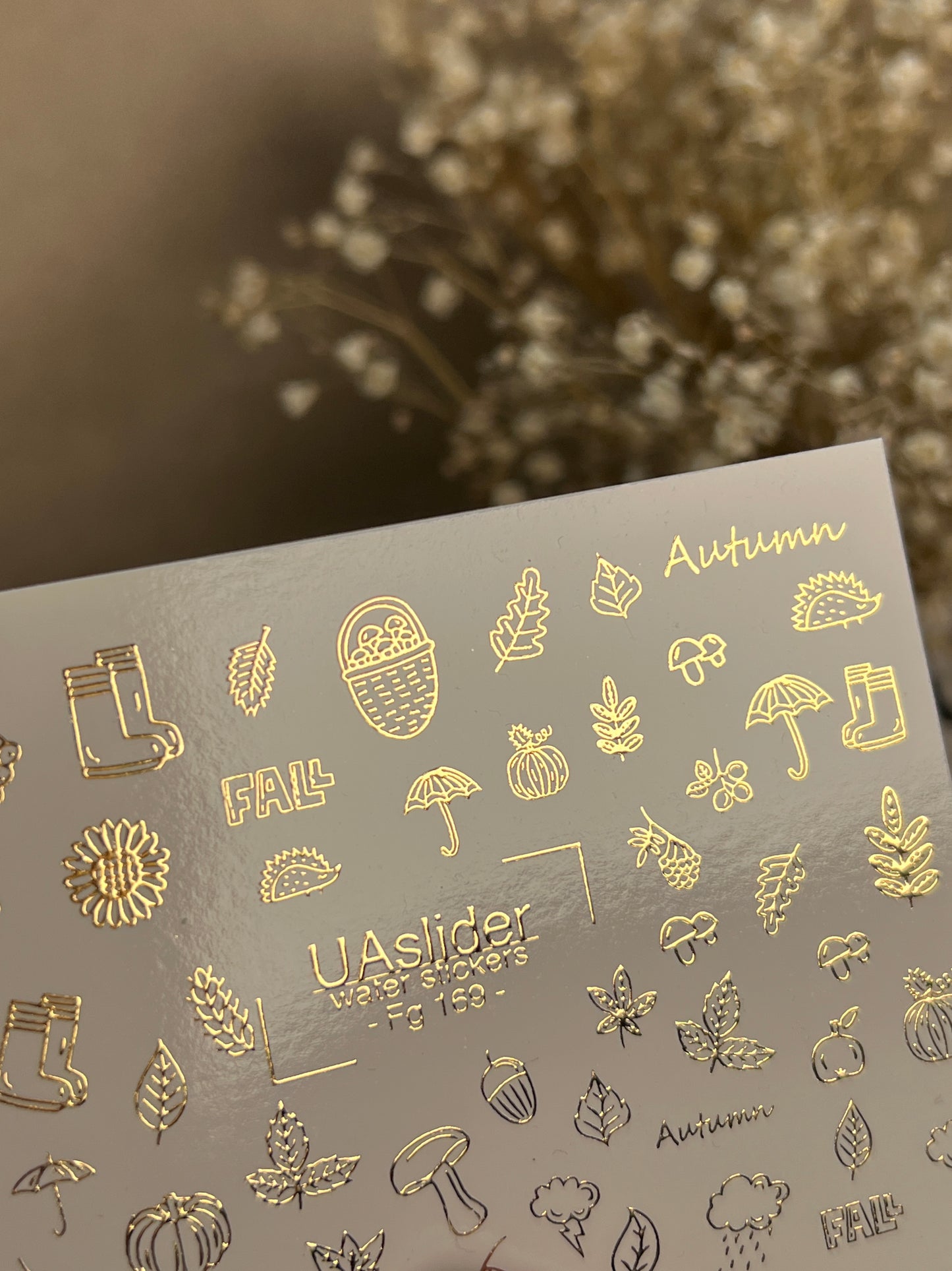 Nagel Wasserabziehbild Fg-169 | Goldfolie Wasser-Schiebefolie Nagelabziehbilder | Herbstblätter & Gemütliche Herbst-Elemente