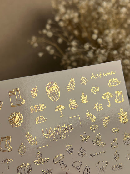 Nagel Wasserabziehbild Fg-169 | Goldfolie Wasser-Schiebefolie Nagelabziehbilder | Herbstblätter & Gemütliche Herbst-Elemente