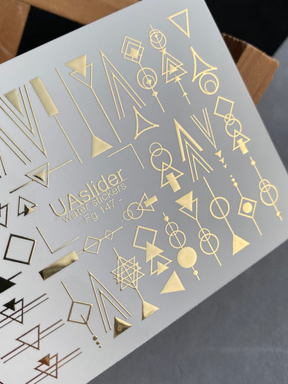 Nail Water Decal Fg-147 | Water Slide Nail Decals with Gold Geometric Shapes | Minimalist Abstract Nail Art