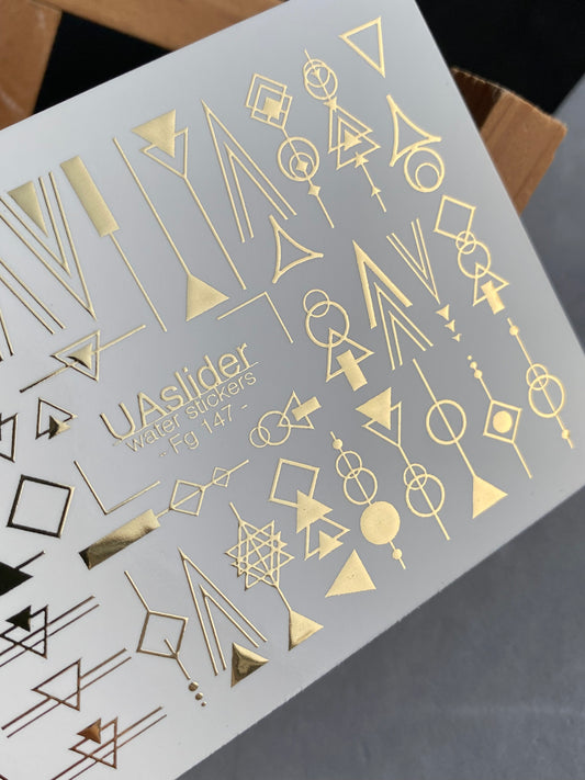 Nail Water Decal Fg-147 | Water Slide Nail Decals with Gold Geometric Shapes | Minimalist Abstract Nail Art