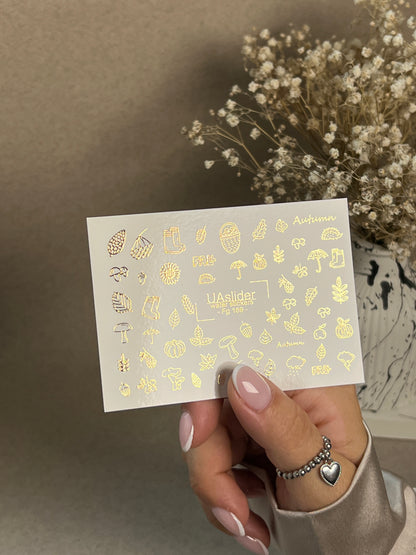 Nagel Wasserabziehbild Fg-169 | Goldfolie Wasser-Schiebefolie Nagelabziehbilder | Herbstblätter & Gemütliche Herbst-Elemente