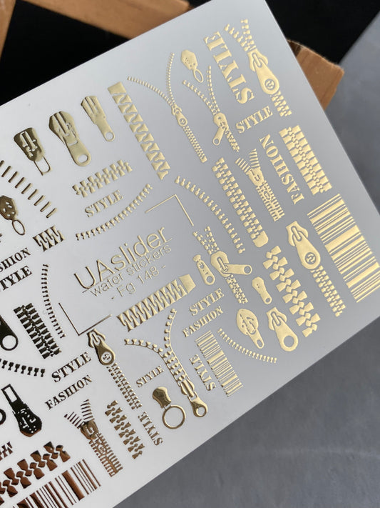 Nail Water Decal Fg-148 | Water Slide Nail Decals with Gold Zippers and Barcode | Fashion Style Nail Art