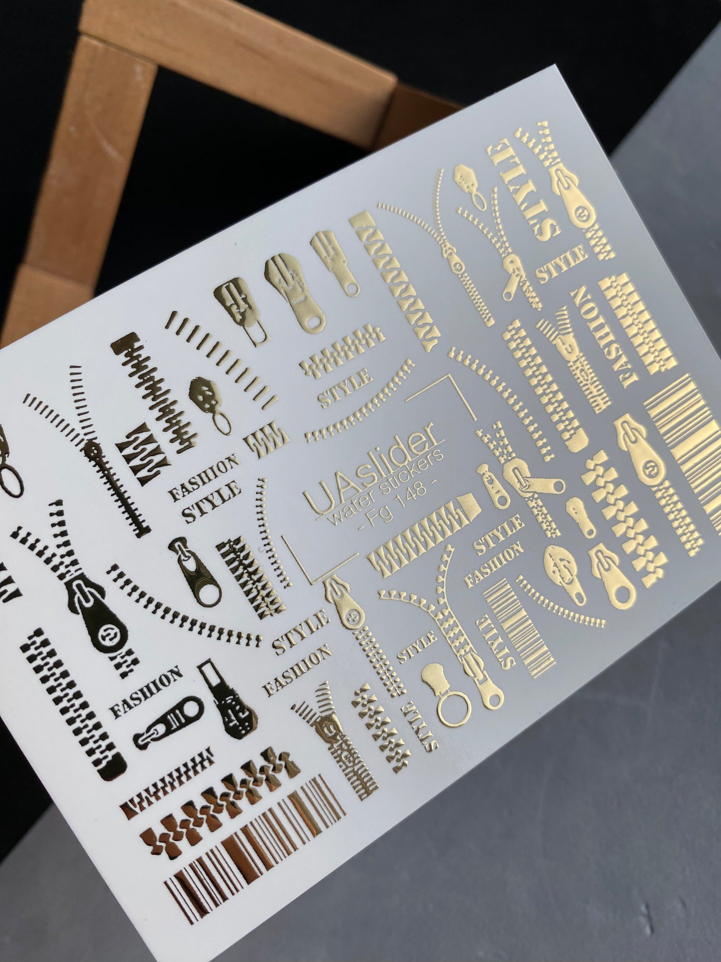 Nail Water Decal Fg-148 | Water Slide Nail Decals with Gold Zippers and Barcode | Fashion Style Nail Art
