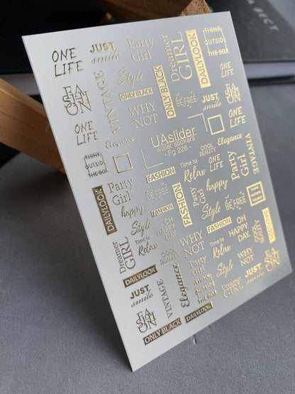 Nail Water Decal Fg-226 | Water Slide Nail Decals | Gold Foil Fashion Quotes & Words