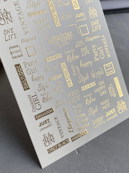 Nail Water Decal Fg-226 | Water Slide Nail Decals | Gold Foil Fashion Quotes & Words