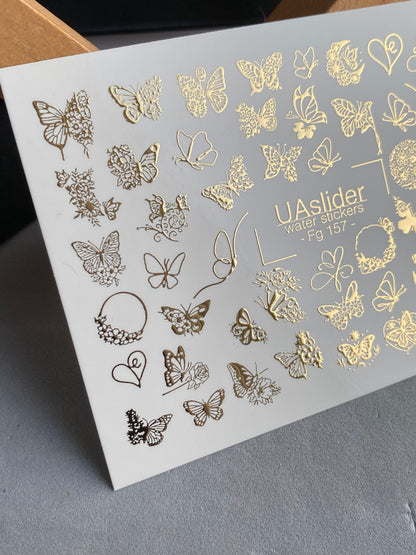 Adesivi per unghie ad acqua Fg-157 | Adesivi per unghie a trasferimento ad acqua con foglia d'oro | Farfalle e accenti floreali