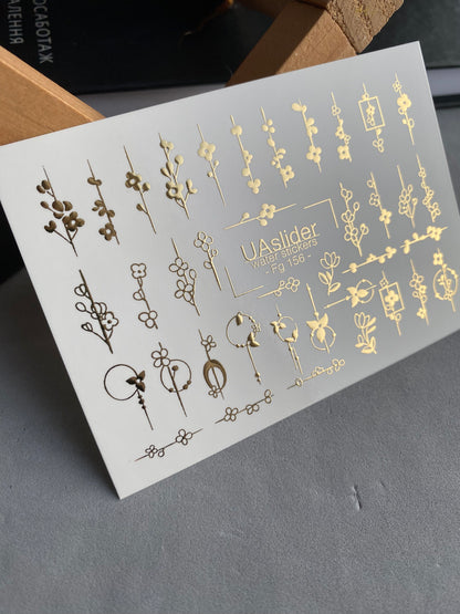 Adesivi per unghie in acqua Fg-156 | Adesivi per unghie a trasferimento ad acqua con foglia oro | Design botanici floreali minimalisti