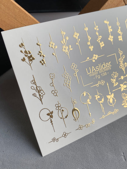 Adesivi per unghie in acqua Fg-156 | Adesivi per unghie a trasferimento ad acqua con foglia oro | Design botanici floreali minimalisti
