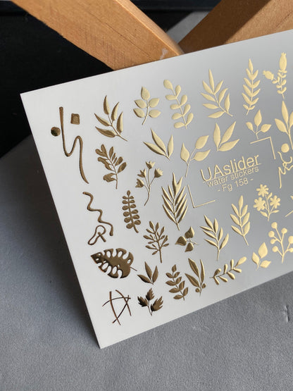Nail Water Decal Fg-158 | Gold Foil Water Slide Nail Decals | Botanical & Leafy Designs