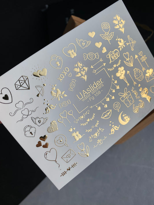 Nail Water Decal Fg-159 | Gold Foil Water Slide Nail Decals | Romantic Love & Cute Accents
