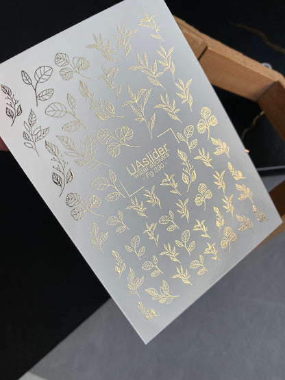 Köröm víz matrica Fg-230 | Vízsikló köröm matricák | Arany fólia levelek és botanikai díszítések