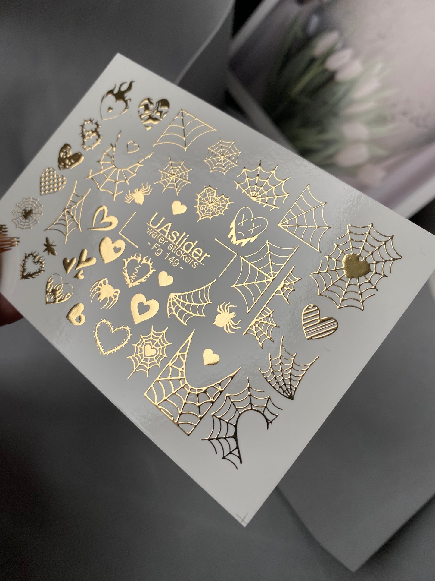 Nálepky na nehty Fg-149 | Vodní nálepky na nehty se zlatými pavučinami a srdíčky | Gotický halloweenský nail art