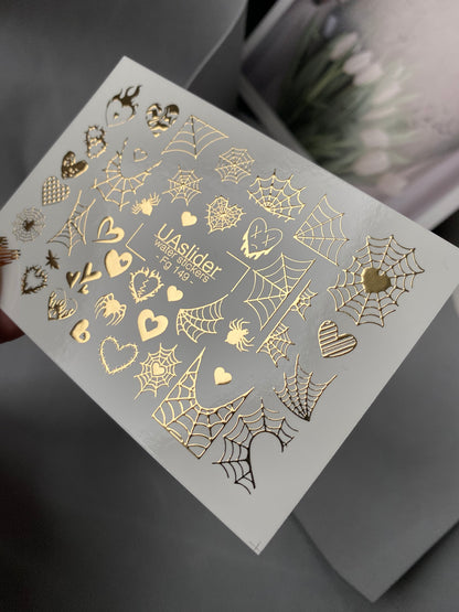 Nálepky na nehty Fg-149 | Vodní nálepky na nehty se zlatými pavučinami a srdíčky | Gotický halloweenský nail art