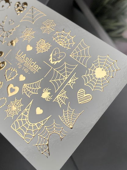 Nálepky na nehty Fg-149 | Vodní nálepky na nehty se zlatými pavučinami a srdíčky | Gotický halloweenský nail art