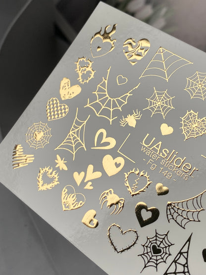 Nálepky na nehty Fg-149 | Vodní nálepky na nehty se zlatými pavučinami a srdíčky | Gotický halloweenský nail art