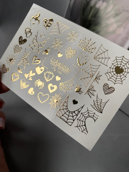 Nálepky na nehty Fg-149 | Vodní nálepky na nehty se zlatými pavučinami a srdíčky | Gotický halloweenský nail art