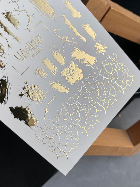 Nail Water Decal Fg-225 | Water Slide Nail Decals | Gold Foil Brush Strokes & Crackle Effect