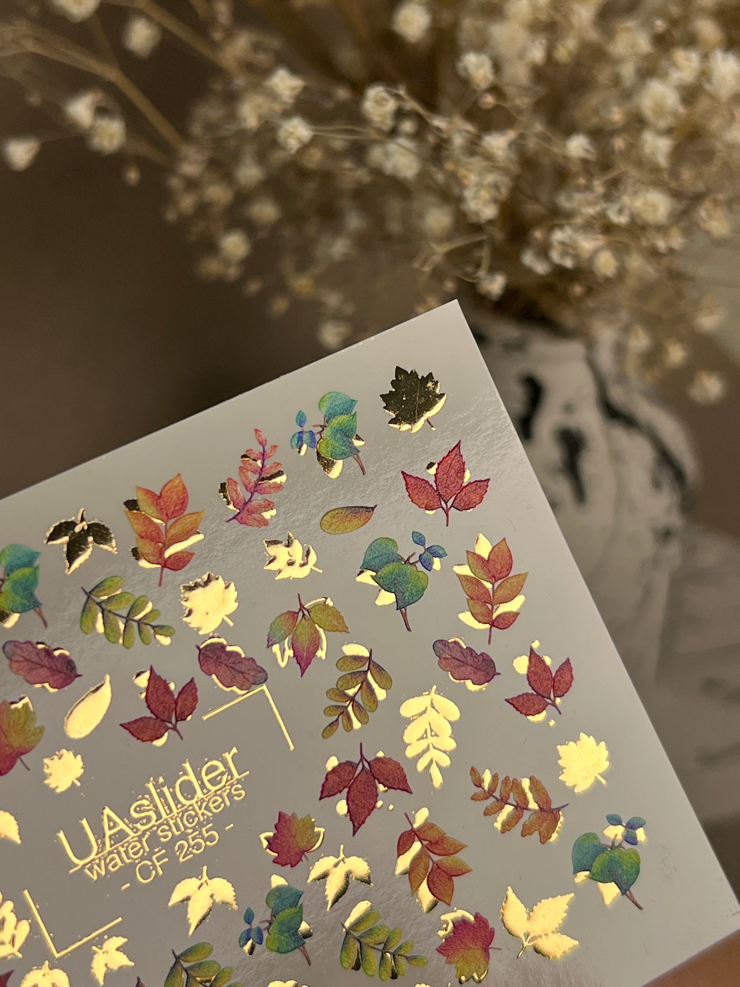 Nail Water Decal CF-255 | Autumn Water Slide Nail Decals | Multicolor Leaves with Gold Foil