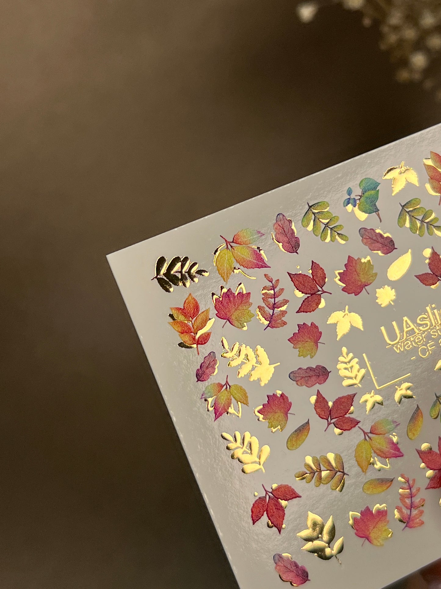 Nail Water Decal CF-255 | Autumn Water Slide Nail Decals | Multicolor Leaves with Gold Foil