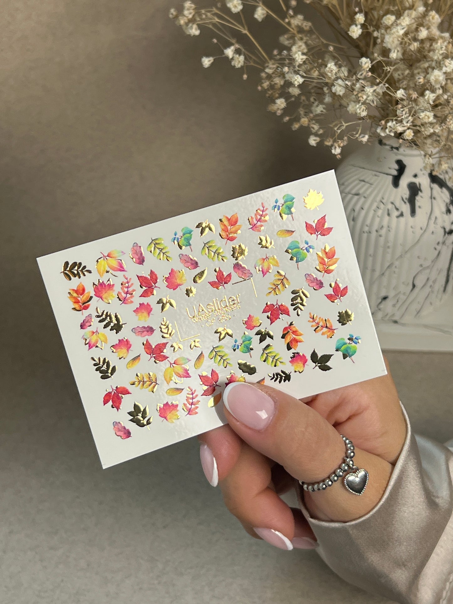 Nail Water Decal CF-255 | Autumn Water Slide Nail Decals | Multicolor Leaves with Gold Foil