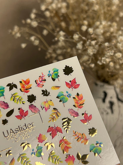 Nail Water Decal CF-255 | Autumn Water Slide Nail Decals | Multicolor Leaves with Gold Foil