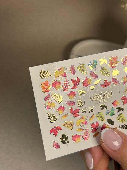 Nail Water Decal CF-255 | Autumn Water Slide Nail Decals | Multicolor Leaves with Gold Foil