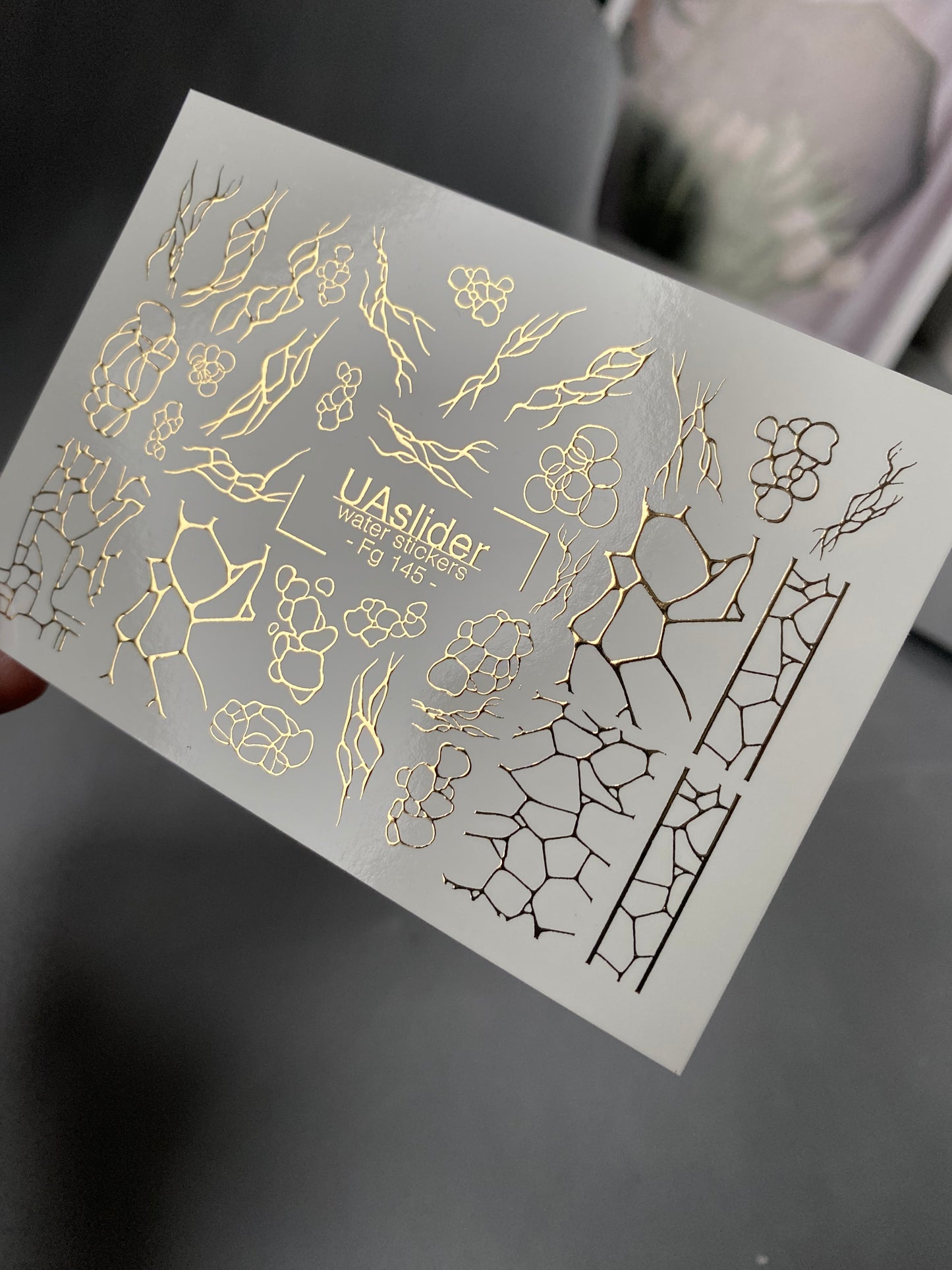 Nail Water Decal Fg-145 | Water Slide Nail Decals with Gold Cracked and Abstract Net Patterns | Modern Nail Art