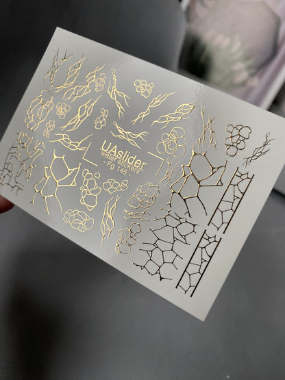 Nail Water Decal Fg-145 | Water Slide Nail Decals with Gold Cracked and Abstract Net Patterns | Modern Nail Art