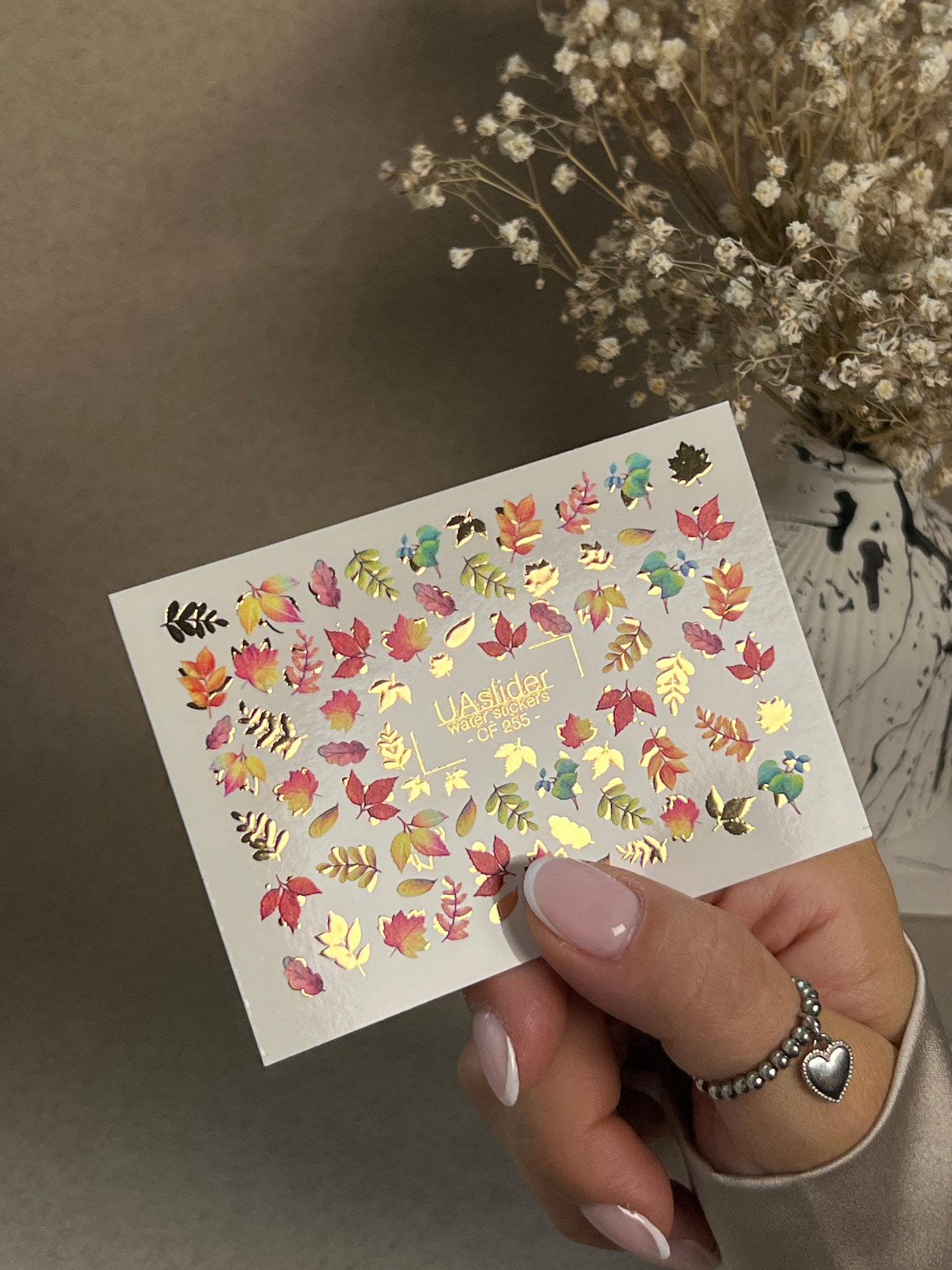 Nail Water Decal CF-255 | Autumn Water Slide Nail Decals | Multicolor Leaves with Gold Foil