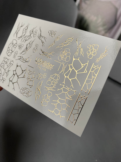 Nail Water Decal Fg-145 | Water Slide Nail Decals with Gold Cracked and Abstract Net Patterns | Modern Nail Art